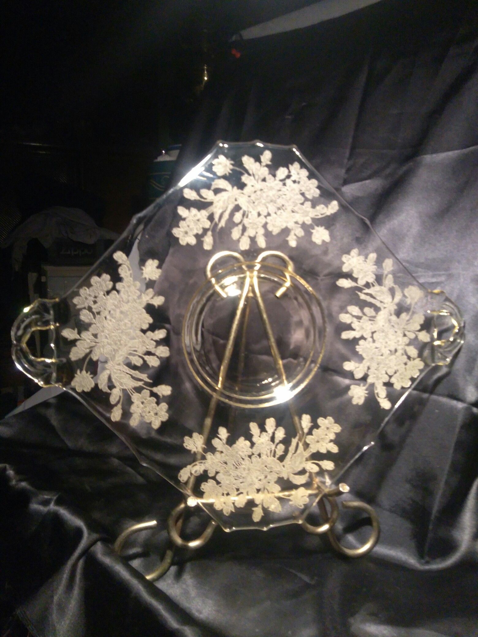 Depression Era Landcaster Glass Co. Yellow Topaz Dual Handle Square Etched Glass Serving Platter Plate