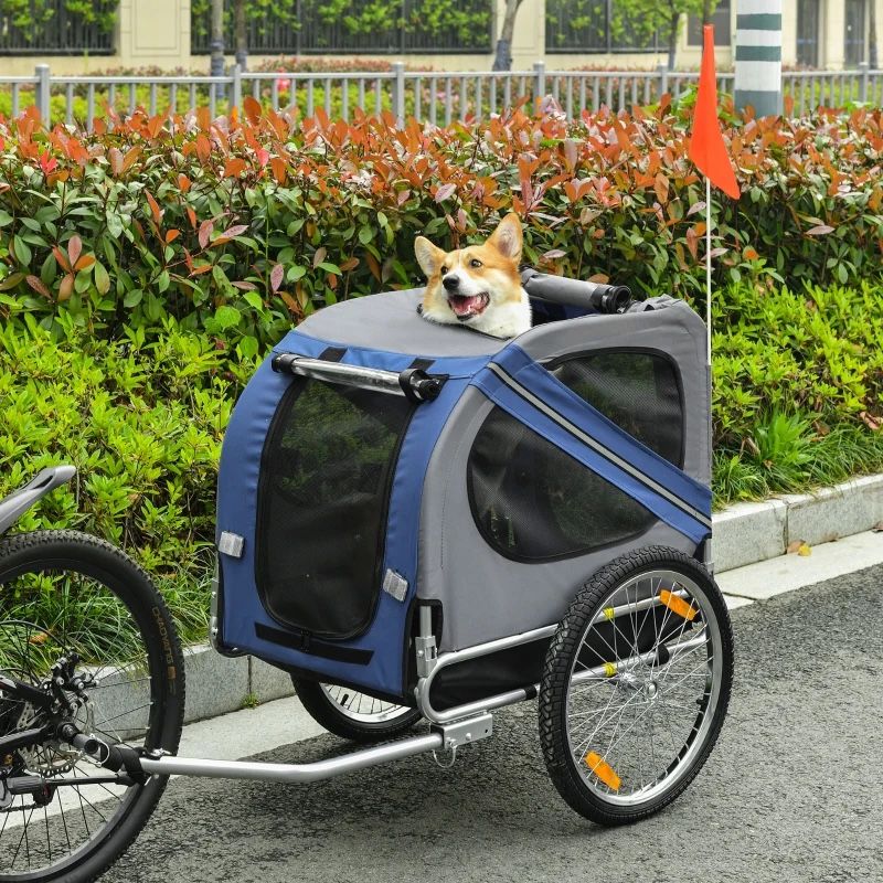 Bike Trailer Cargo Cart for Dogs and Pets with 3 Entrances Large Wheels for Off-Road & Mesh Screen, Blue/Grey