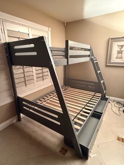 Solid wood twin bunkbed over full bunk bed w/ storage drawers