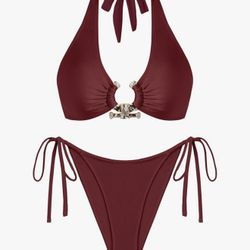 Bikini Sets for Women Metal Ring Shiny Two Piece Swimsuit Halter High Cut Tie Side Thong Bathing Suit Sexy Swimwear-XL