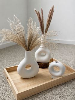 Modern Boho White Vase Set with Pampas Grass – 3 Piece Decor Bundle