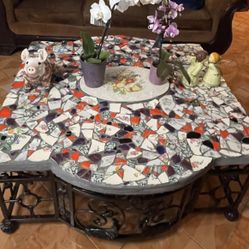 Handmade Iron, Cement And Tile Coffee Table
