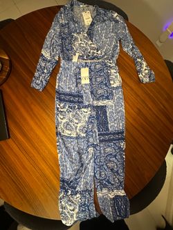 ZARA Blue & White Paisley Print Jumpsuit (L) Brand New
