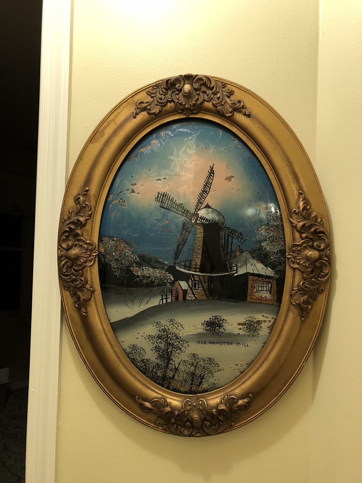 Antique reverse glass painting OLD HAMPTON MILL