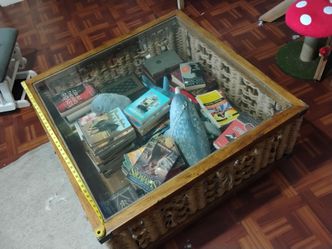 Solid wood and rope glass top coffee table storage on caster wheels
