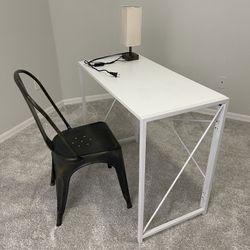 $50 White Collapsible Desk,  Bronze Metal Chair And Lamp
