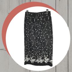 Joan Leslie Black w Gray & White Flowers Wrap Midi Skirt Women Sz 16