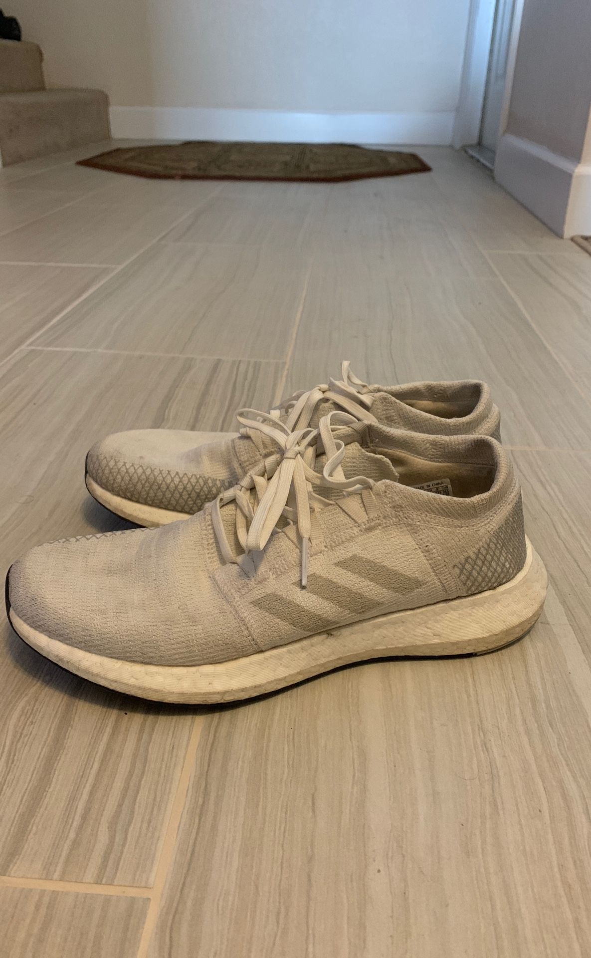 ADIDAS PURE BOOST ALL WHITE SNEAKERS. SIZE 9.5