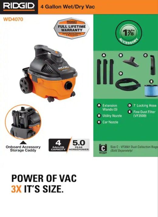 Ridgid 4 Gallon 5hp Wet/Dry Vacuum New In Box