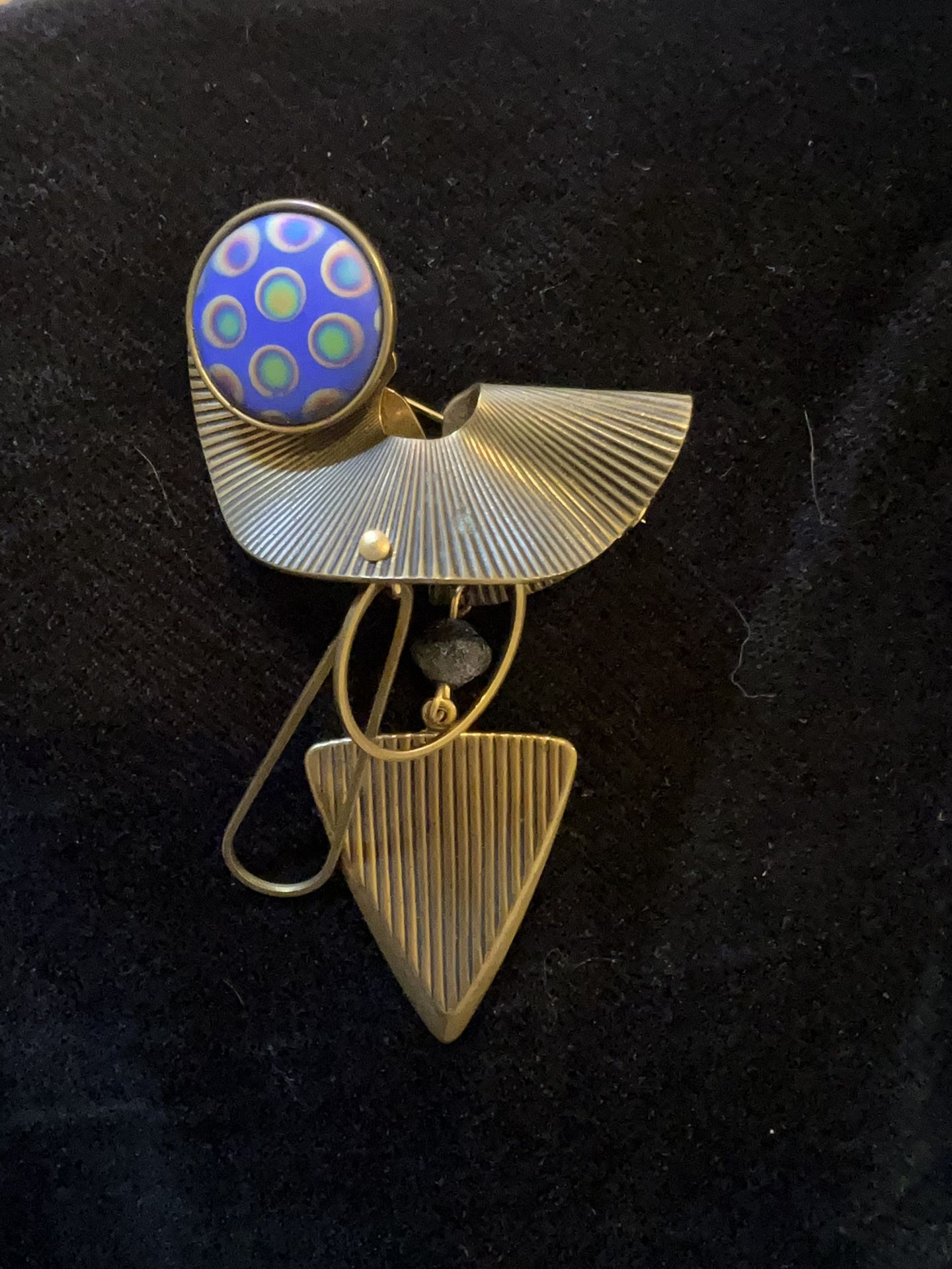 Vintage 1980s abstract geometric peacock raku beaded brooch