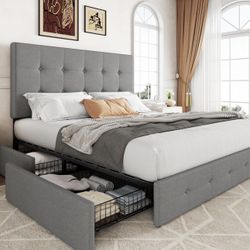 Queen Size Platform Bed Frame with 4 Storage Drawers and Headboard