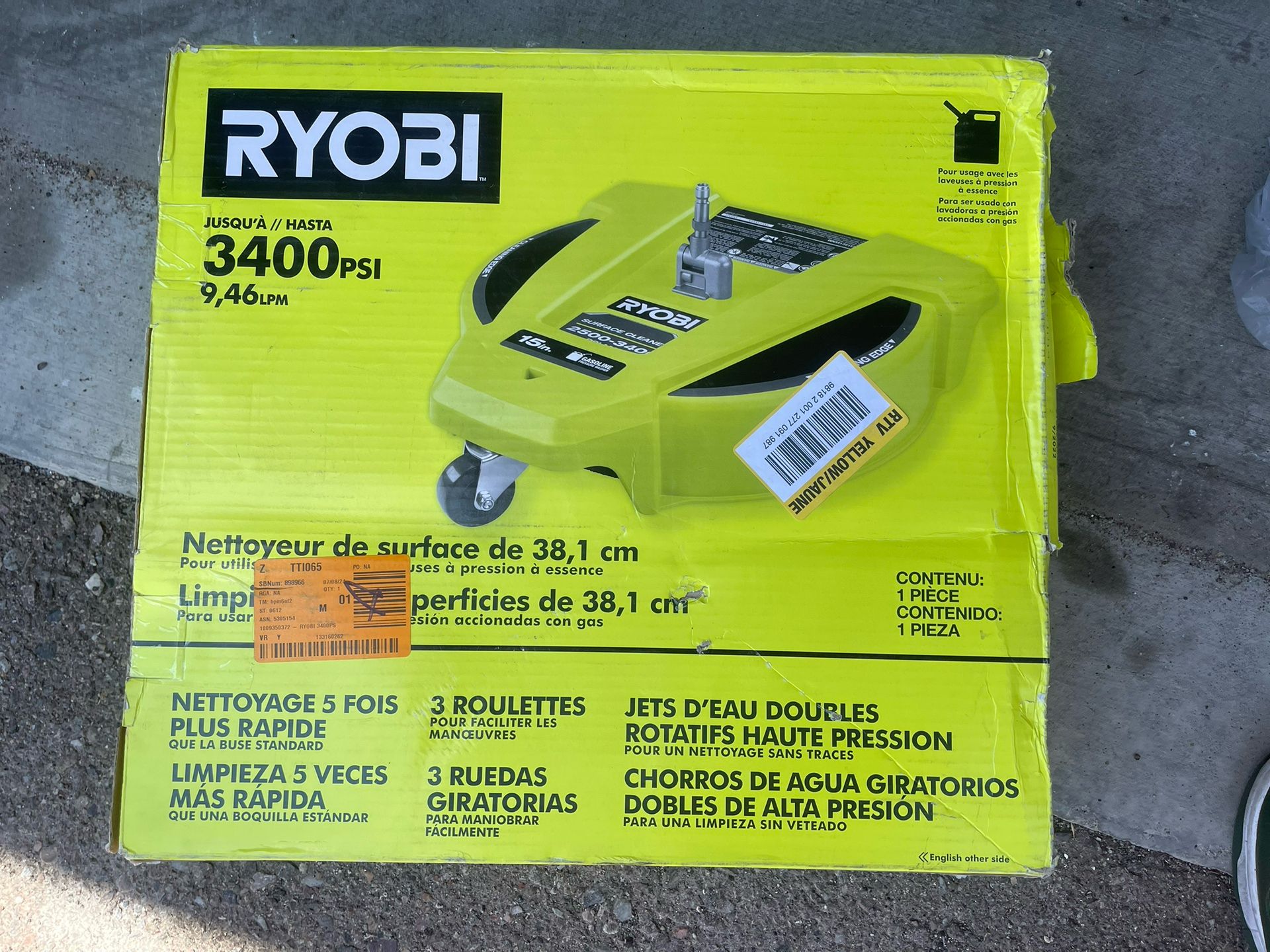 15 in. 3400 PSI Gas Pressure Washer Surface Cleaner with Caster Wheels