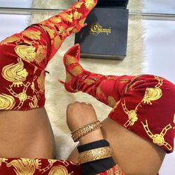 Brand NEW Red Velvet Gold Lion Thigh High Boots