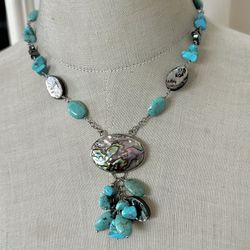   Abalone  turquoise  hematite  sterling silver  beaded pendant necklace 