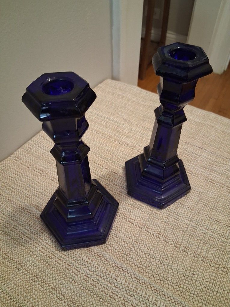 Colbalt Blue Glass Candle Stick Holders Pair