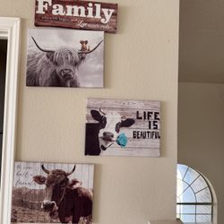 4-Piece Farmhouse Canvas Wall Art Set - Highland Cow & Family Signs