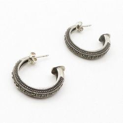 925 Sterling Silver - Vintage Sparkling Marcasite Round J-Hoop Earrings