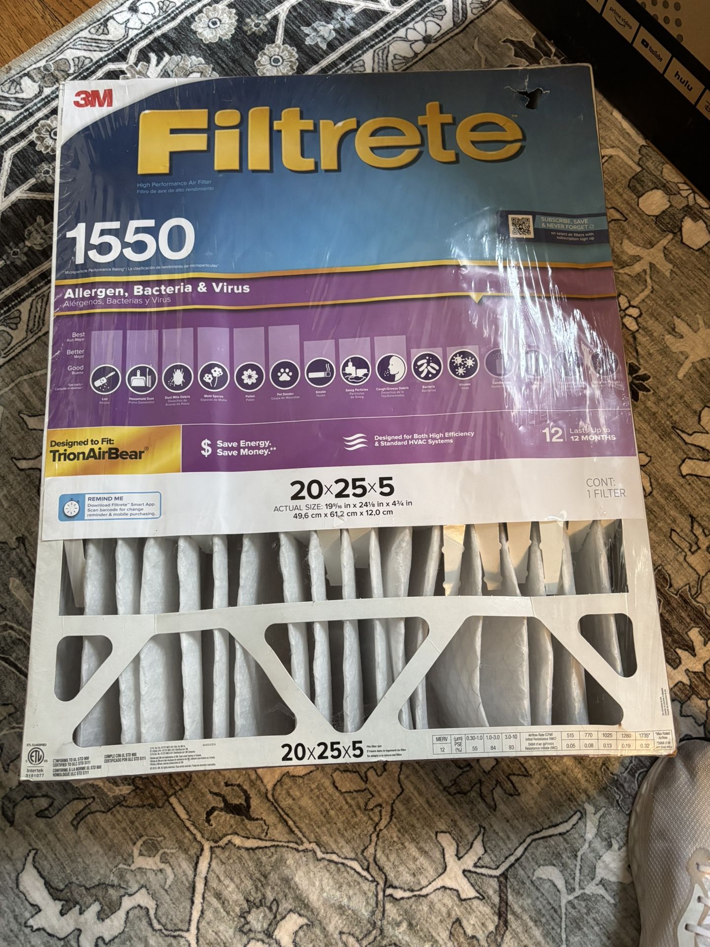 Filtrate 1550 Filter 20 X 25 X 5 New