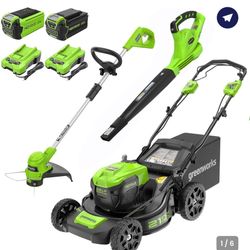 Outdoor Power Tools / String Trimmers Greenworks 40V 21" Self-Propelled Mower, Axial Leaf Blower, 12" String Trimmer with Batteries and Chargers
