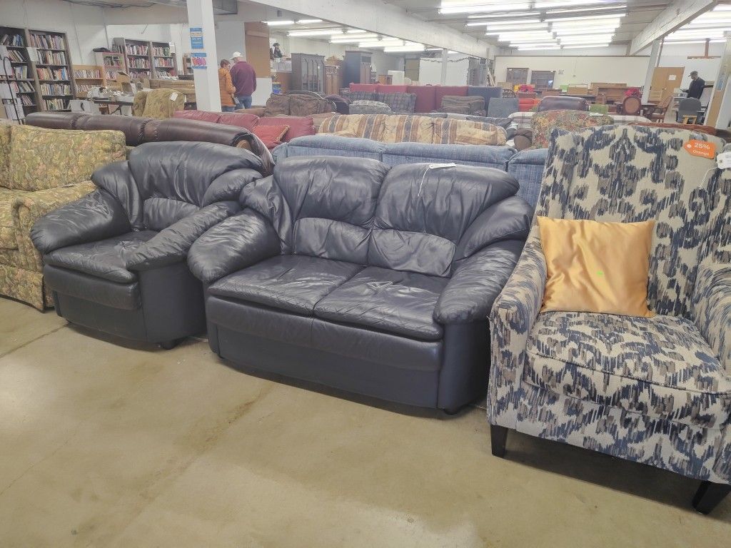 Navy Leather Loveseat