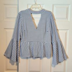 Venus' bell sleeves & ruffle bottom shirt with blue & white stripes, Sz. 16