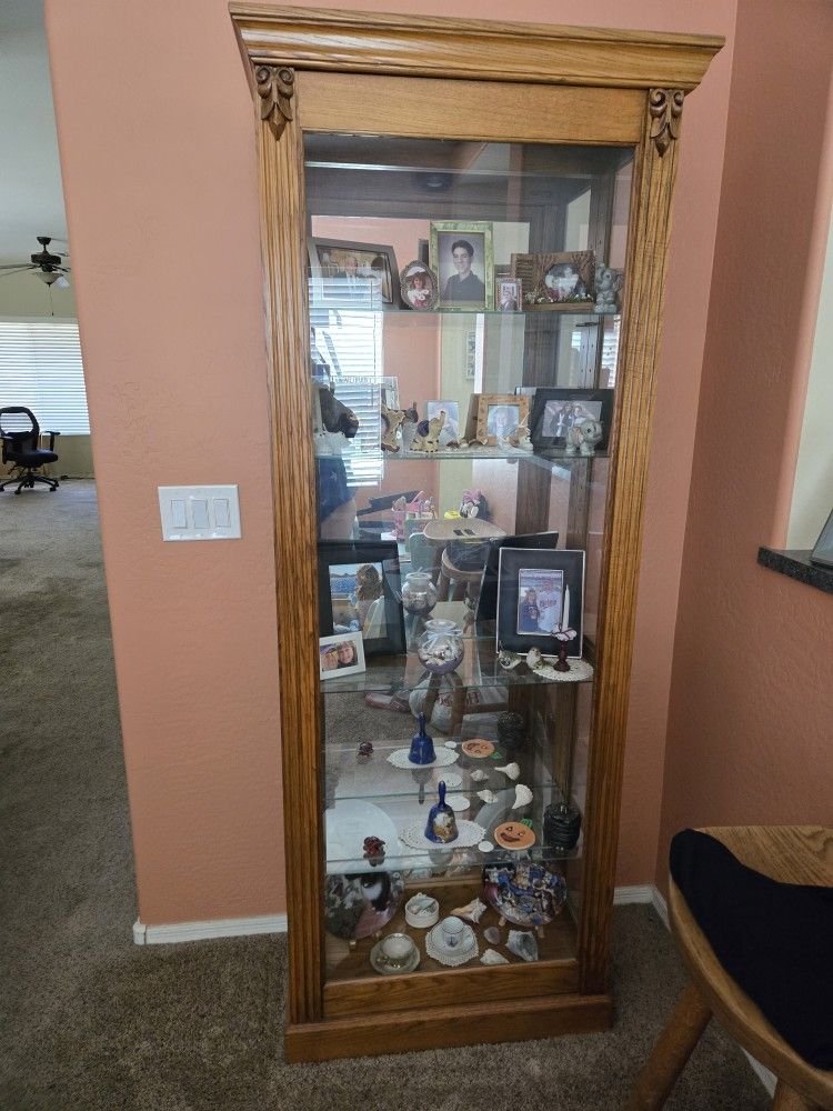 Solid Oak Curio with Glass Shelves & Gliding Front Door