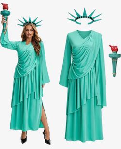 New! Medium Statue of Liberty Costume for Women Freedom Independence Day Green Outfit with Crown Adult Halloween Cosplay