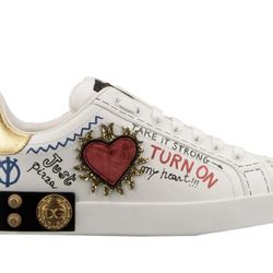 DOLCE & GABBANA DG Logo Heart Pearl Logo Low Top Sneaker PORTOFINO White Gold 7W