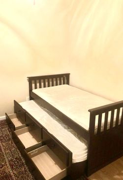 Solid Wood Twin Size Platform Bed with Trundle, Wooden Bed Frame Twin Trundle Bed