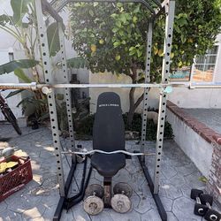 Olympic Barbell + Cage + Adjustable Bench Home Gym Set