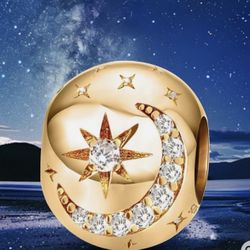 ⭐️ New! 925 Sterling Silver Gold Moon & Stars Cubic Zirconia Charm Bead w Gift Bag
