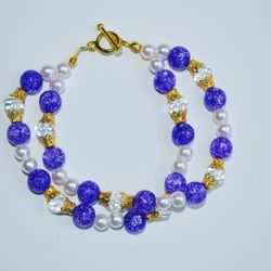 Handmade crackle purple glass bead and clear glass bead with toggle clasp closure Bracelet.