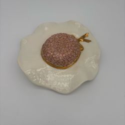 Vintage T Young Signed Ceramic Hat Wall Plaque Pink Flower Gold Trim Cottagecore