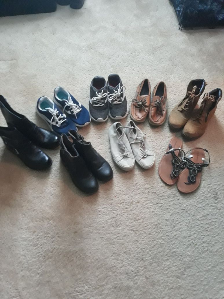 Women's boots, shoes, and a pair of sandals