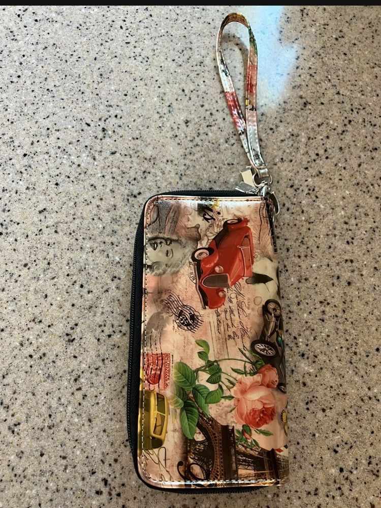 Pink Multi Colored Collage Double Zippered Compartment Wristlet