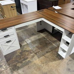 Farmhouse 67" L Shaped Desk with 3 Drawers, White Corner Computer Desk with Storage Shelves