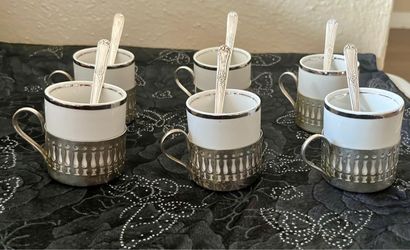 Vintage Bellini Brazil Silver Plated & Porcelain Espresso Cups - Set of 6