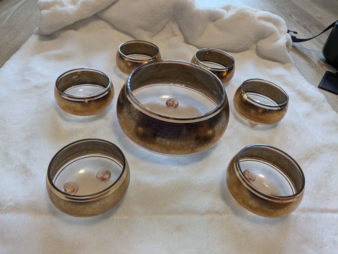 Antique Gold Punch Bowl Set