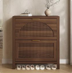 32" Fluted Shoe Cabinet Storage with 2 Flip Drawers for Entryway, Hallway, Walnut(arched)