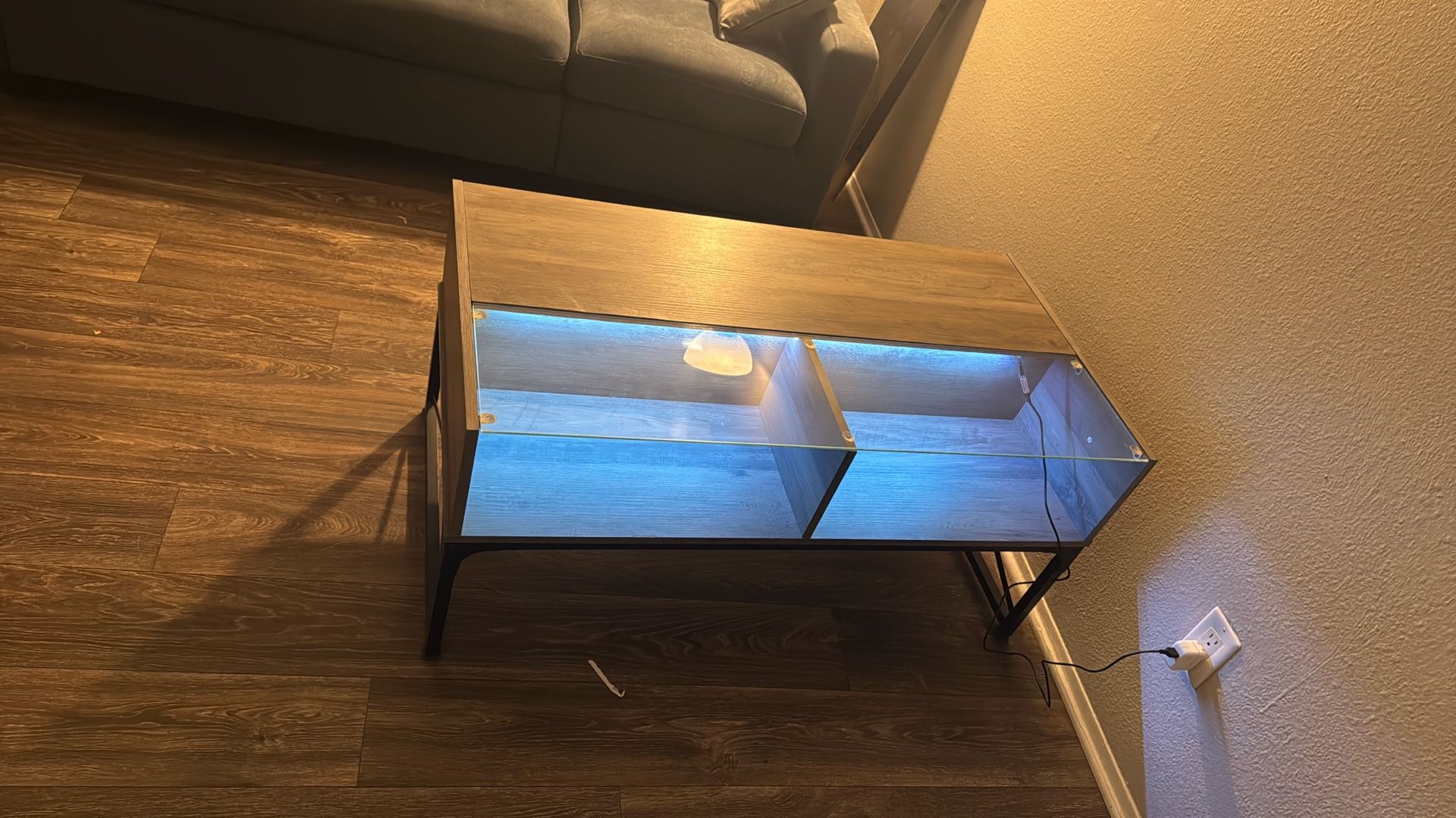 Modern Wood Console Table with Glass Display Shelf + LED Lighting