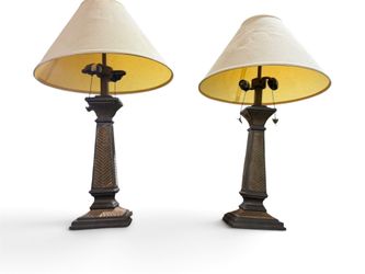 Pair of Traditional Bronze Table Lamps with Empire Shades – Set of 2 – 32” Tall