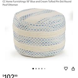 18" Blue and Cream Tufted Pin Dot Round Pouf Ottoman