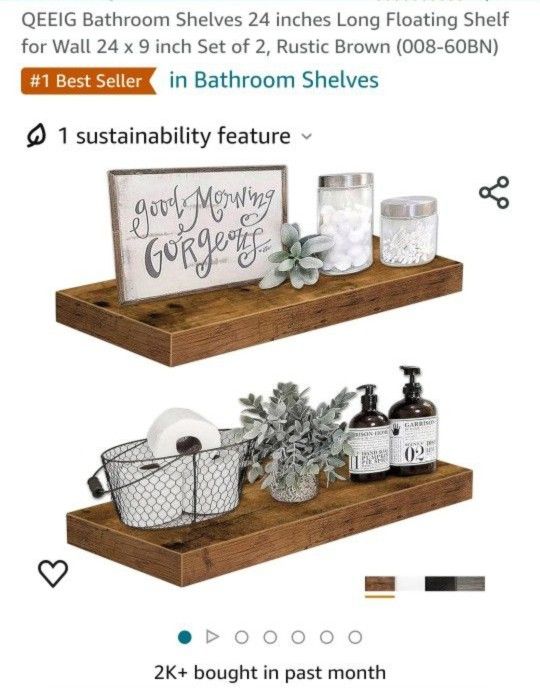 Bathroom Shelves 24 inches Long Floating Shelf for Wall 24 x 9 inch Set of 2, Rustic Brown
