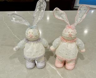 Vtg Pair Pink & Purple Crocheted Easter Bunnies