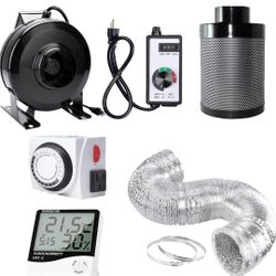 4'' Inline Fan Carbon Filter Ducting Combo + Variable Fan Speed Controller + Hygrometer Thermometer + 24 Hour Timer Outlet for Hydroponic Grow Tent Ve