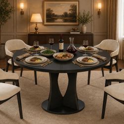 47 Inch Black Round Dining Table for 4-6, Space Saving Kitchen Table, Modern Farmhouse Wooden Dining Room Table with Pedestal Base for Kitchen, Small 