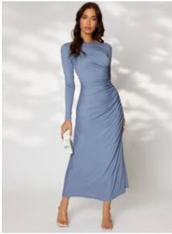 Ruched side asymmetrical & bodycon blue dress with sleeves