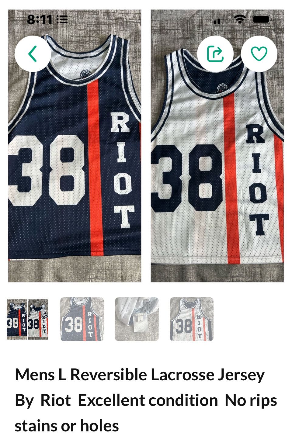 Mens Size L Reversible Lacrosse Tank Jersey By Riot # 38