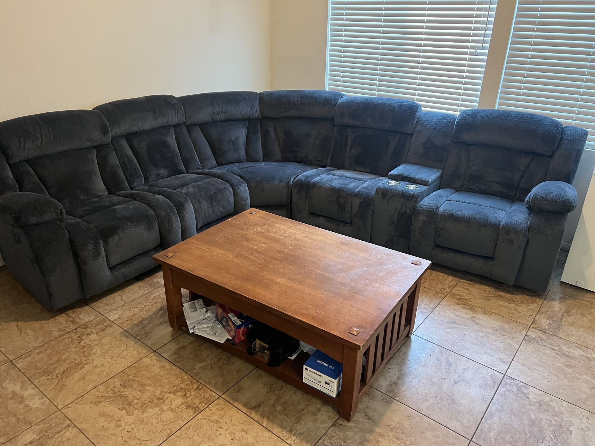 New Reclining Sectional. Blue Grey / Dark Grey Suede Fabric. 112x100x40H. Free Delivery!