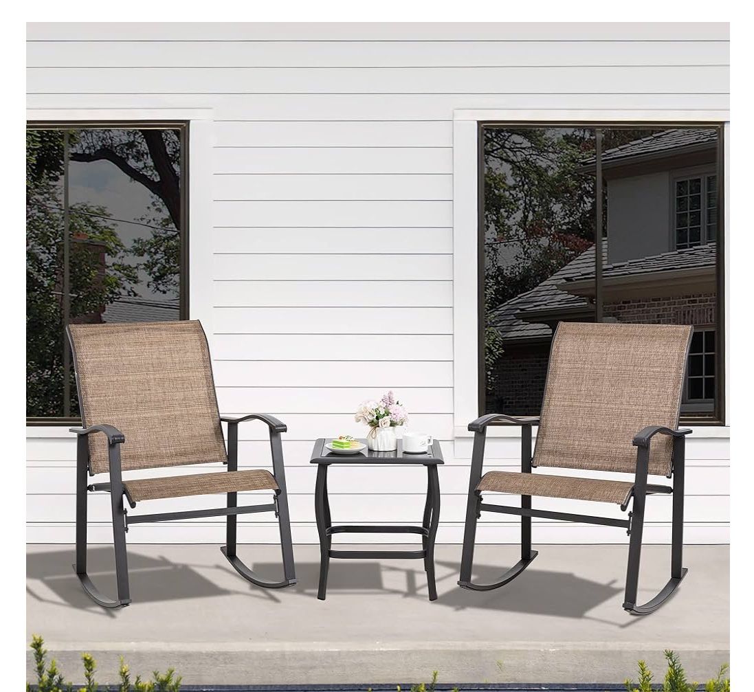 Shintenchi 3 Piece Rocking Bistro Set, Outdoor Furniture with Rocker Chairs and Glass Coffee Table Set of 3, Balcony, Porch Furniture for Small Space,